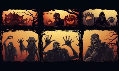Halloween banners with witch, skeleton, vampire, zombie and werewolf hands. Vector Halloween monster hands holding blank paper signs and gravestones, horror night party and trick or treat ev, AI gener