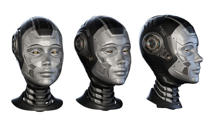 Set of three robot woman heads with slightly different angles. Cyber lady face isolated on transparent background. 3D rendering 