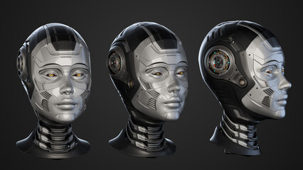 Set of three robot woman heads with slightly different angles. Cyber lady face isolated on dark background. 3D rendering 