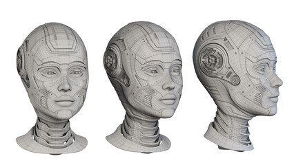 Set of three robot woman heads with slightly different angles. Cyber lady face isolated on dark background. 3D rendering  in wireframe