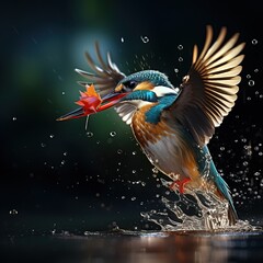 Obraz premium A Cinematic shot of a Kingfisher Catching fish. Professional Shot, Hunting. Water Splashing.