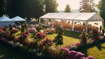 Ogród w kwiatach przygotowany na wesele z białym namiotem i stołami - ślub w plenerze