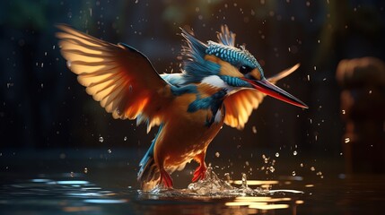 Naklejka premium A Cinematic shot of a Kingfisher Catching fish. Professional Shot, Hunting. Water Splashing.