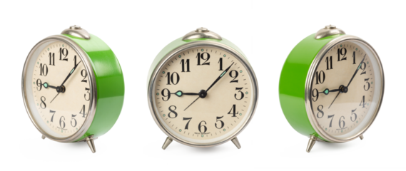 green vintage retro alarm clock in three different positions isolated over a transparent background, original from the 70s, cut-out good morning or back to school design element, PNG