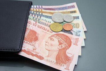 Honduran money, Currency of Honduras. Lempira bills and coins inside a wallet. Varius Hondurian bills of different denomination on dark background