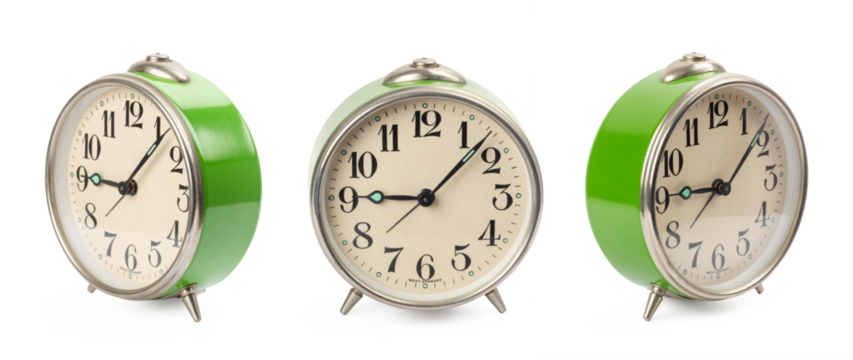green vintage retro alarm clock in three different positions isolated over a transparent background, original from the 70s, cut-out good morning or back to school design element, PNG