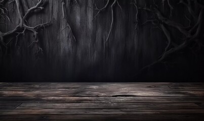 Creepy Halloween background with empty wooden boards, dark horror background. Holiday theme, copy space for text. Ideal for product placement, AI generator