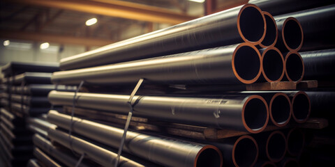 a stack of steel pipes in a warehouse or factory.  