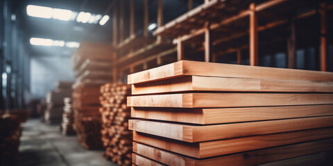 stack of wooden boards in a warehouse or factory.  