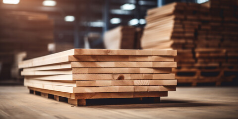 stack of wooden boards in a warehouse or factory.  