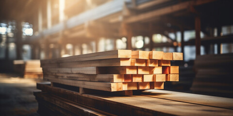 Obraz premium stack of wooden boards in a warehouse or factory. 