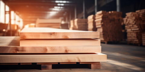 stack of wooden boards in a warehouse or factory.   - obrazy, fototapety, plakaty