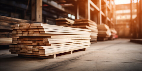 stack of wooden boards in a warehouse or factory.   - obrazy, fototapety, plakaty