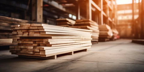Foto op Plexiglas stack of wooden boards in a warehouse or factory.   © xartproduction