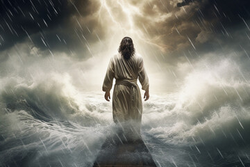 Obraz premium Figure of Jesus walks on water separate waters beautiful dramatic sunset generative ai picture