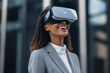 Generative ai collage photo of manager person using vr box gadget device for work