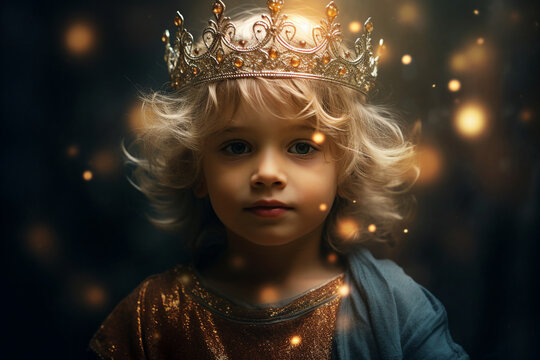 Generative AI picture small God child kid in golden crown symbolizing Jesus glory magic
