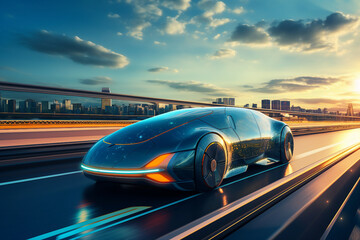 Fototapeta premium Picture of futuristic fast self-driving modern car on evening city roads under cloudy sky made by generative ai technology