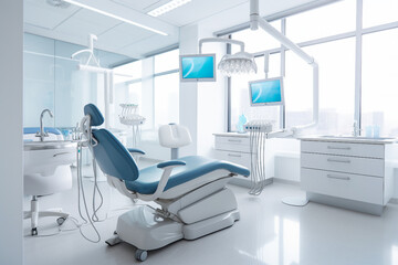 Fototapeta na wymiar Generative AI picture of equipped dental clinic with a modern seat and tools dentist specialist concept