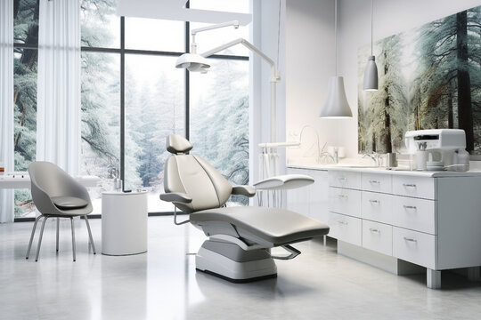 Generative AI picture of equipped dental clinic with a modern seat and tools dentist specialist concept