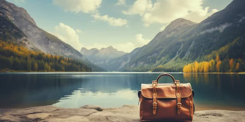 Fotobehang tourist baggage on blurred astonishing mountain lake background.   © xartproduction