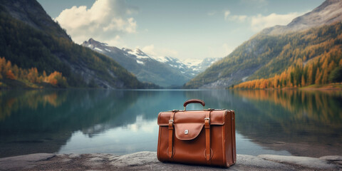 tourist baggage on blurred astonishing mountain lake background.  