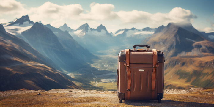 tourist baggage on blurred astonishing mountain lake background. Generative AI