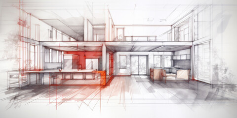 Obraz premium sketch drawing of live wire frame abstract house interior. 