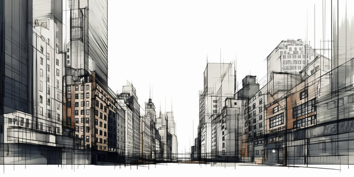 sketch drawing of live wire frame abstract exterior high skyscrapers. Generative AI © xartproduction