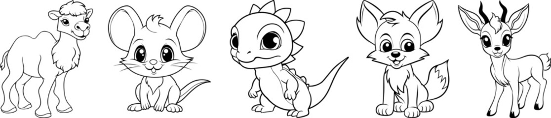 Desert animals friendly cartoon characters collection. Camel, jerboa, thorny lizard, coyote and pronghorn animal friends. Black outline coloring book vector illustrations.