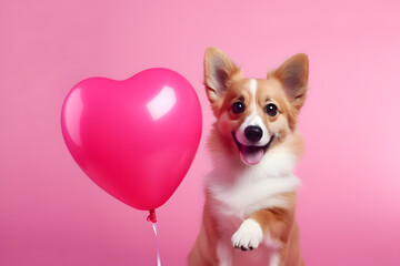 Cute dog holding a heart shaped balloon isolated on pink background