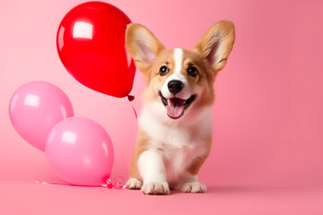 Fototapeta na wymiar Cute dog holding a heart shaped balloon isolated on pink background