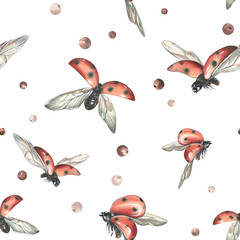 Red ladybugs with black dots flying with berries. watercolor illustration, hand drawn. Seamless pattern on a white background.