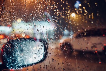 Rainny mood , Raindrops bokeh on the car traffic rearview mirror. Heavy rain outside.
