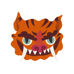 Oriental tiger muzzle, folk heraldic predator animal snout, Asian Medieval beast. Vector hand-drawn mascot illustration.