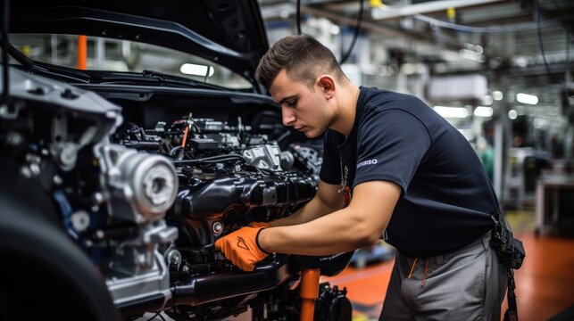 German worker working on Germany's auto factory production line. Generative AI