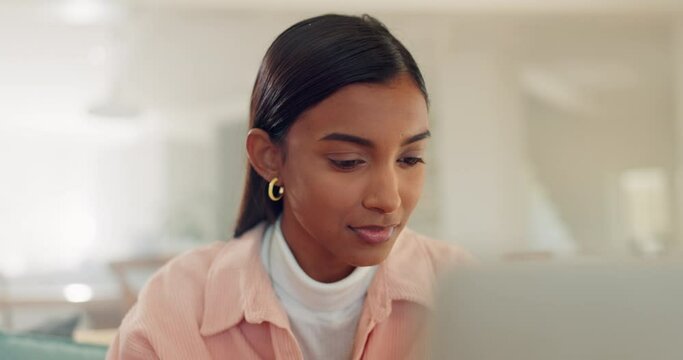Laptop, reading and face of student, woman or freelancer proofreading research study, school report or college project. Home remote work, analysis and user focus on article, story or university essay