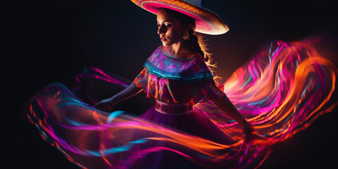 Fabulous Cinco de Mayo female dancer in vibrant neon dress.  