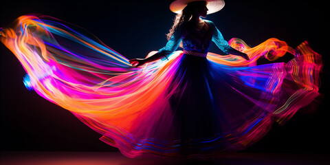 Fabulous Cinco de Mayo female dancer in vibrant neon dress.  