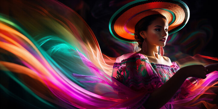 Fototapeta Fabulous Cinco de Mayo female dancer in vibrant neon dress.  
