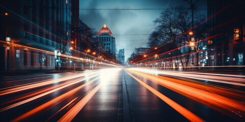 long exposure of fast paced city streets with car light traces. Generative AI