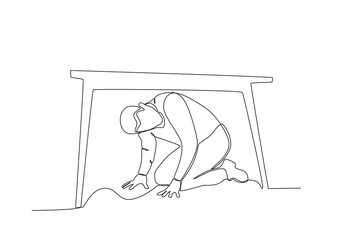 A man takes shelter from the rubble of a building. Earthquake one-line drawing