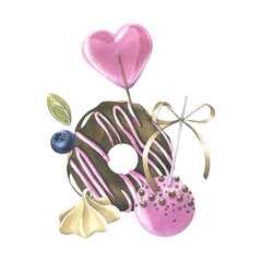 Glazed donut with chocolate, lollipop, cakepop, meringue and berries. Hand drawn watercolor illustration for prints, menus, stickers. Isolated composition on a white background