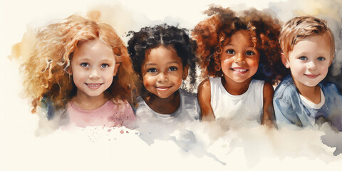 portrait of multiethnic group children in watercolor style.  