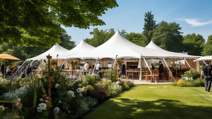Biały namiot weselny - ślub w ogrodzie - sala weselna w plenerze - kwiaty, krzewy i drzewa.