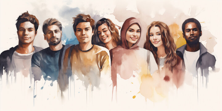 portrait of multiethnic group eople in watercolor style.  