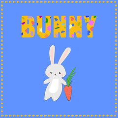 Cute bunny with the inscription bunny on a blue background