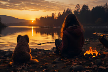 Smokey Serenity: Woman Gazing at the Lake with Dog in a Campcore Vib