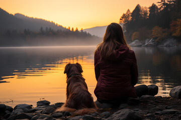 Campcore Reflections: Woman and Dog by the Lake in a Whistlerian Scen
