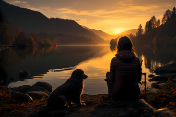 Tranquil Moments: Woman and Dog Embrace the Campcore Chill by the Lake